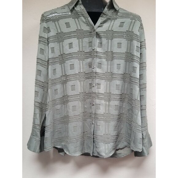 Chico's Tops - Chico's Womens Size 2 Long Sleeves Button Down Top Embroider Geo Silver Green